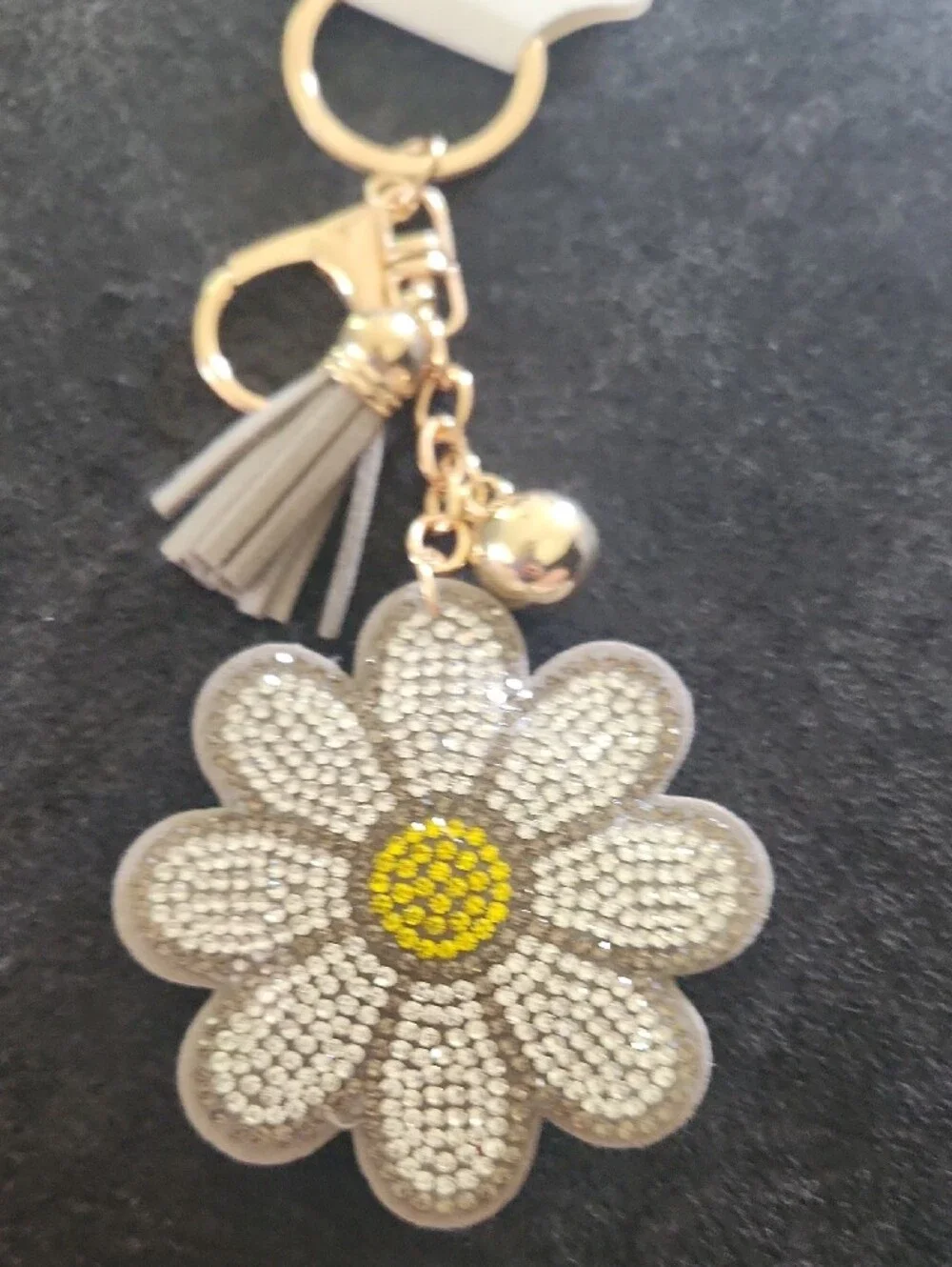 Gold & Crystal Daisy Keychain with Gray Tassel and Yellow Center